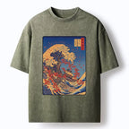 Kyoto-Lion Ukiyo-E Style Great Wave Print Washed T-Shirt