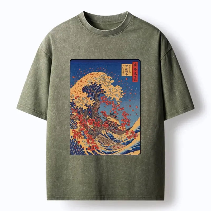 Kyoto-Lion Ukiyo-E Style Great Wave Print Washed T-Shirt