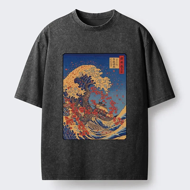 Kyoto-Lion Ukiyo-E Style Great Wave Print Washed T-Shirt