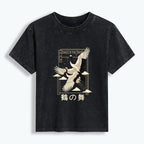Japanese Vintage Crane Washed T-shirt Gift for Her