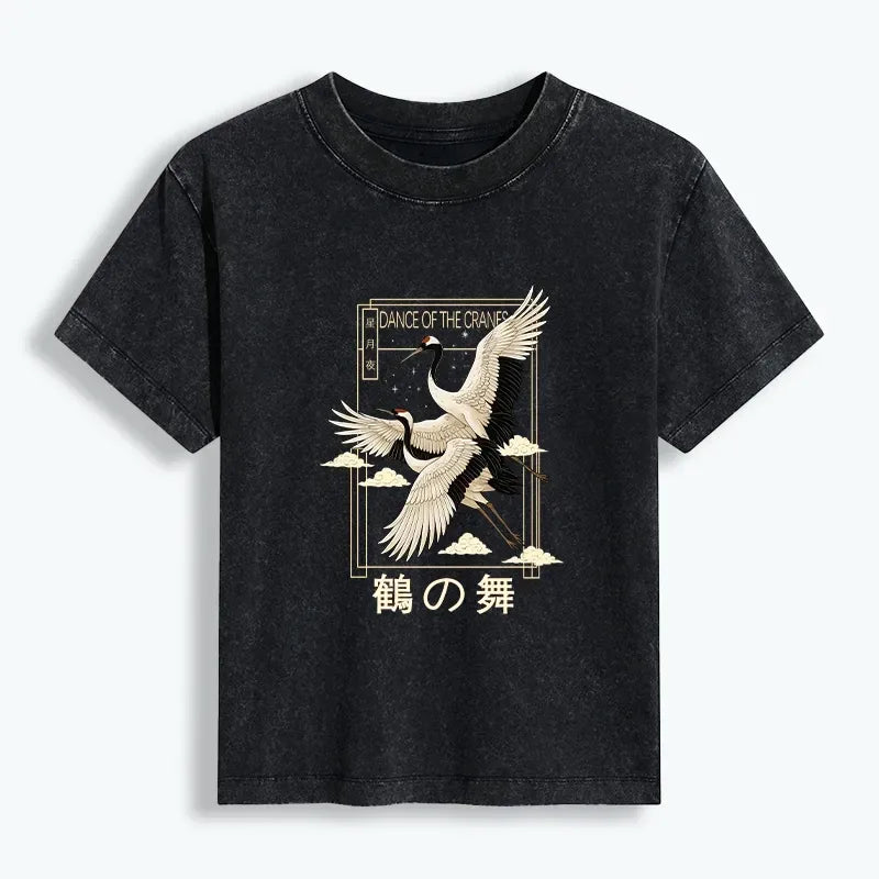 Japanese Vintage Crane Washed T-shirt Gift for Her