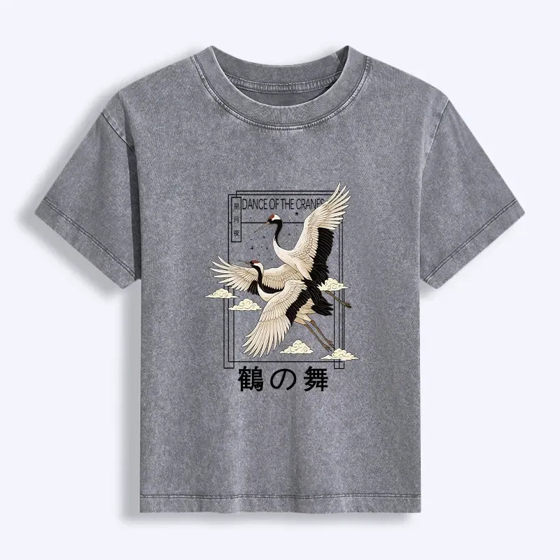 Japanese Vintage Crane Washed T-shirt Gift for Her