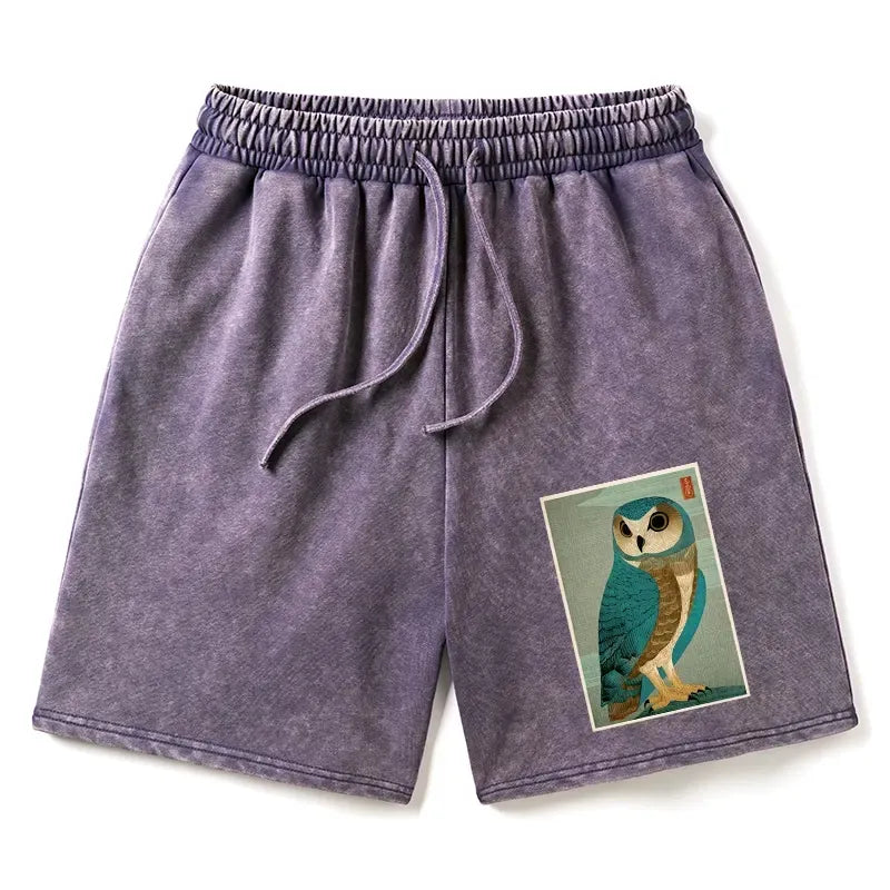 Kyoto-Lion Vintage Owl Woodblock Art Washed Shorts