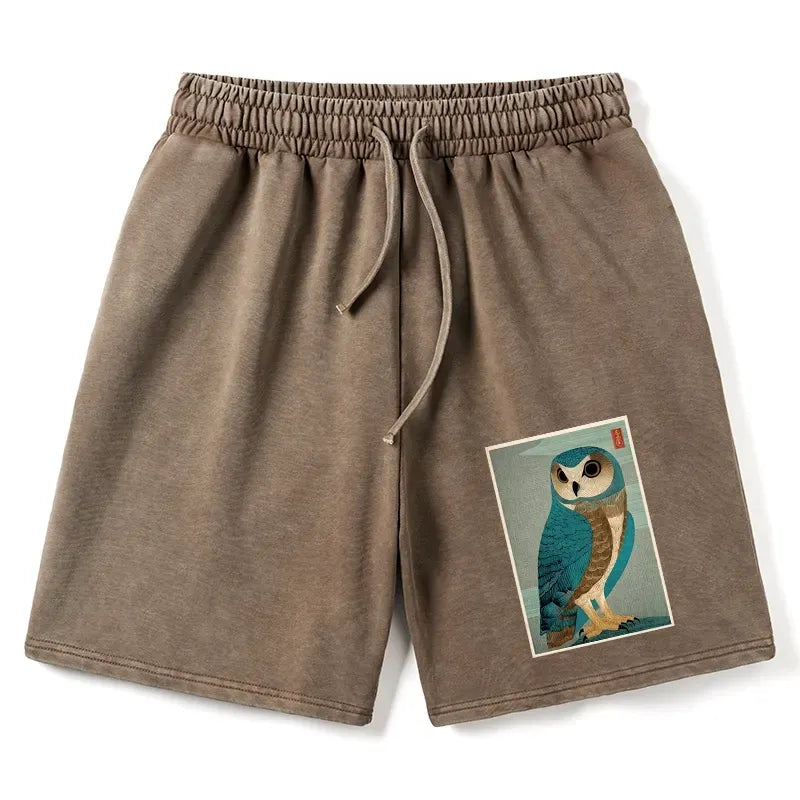 Kyoto-Lion Vintage Owl Woodblock Art Washed Shorts