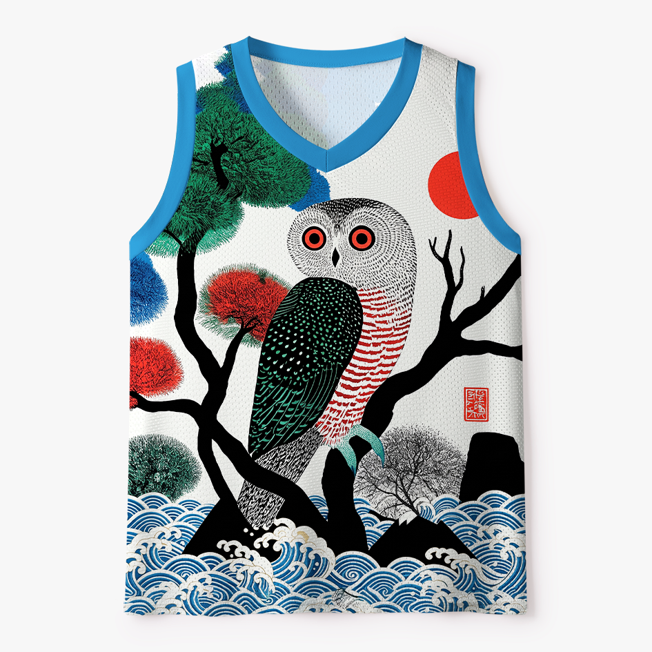 Kyoto-Lion Ukiyo-e Owl Red Sun Pine Wave Mesh Tank Top