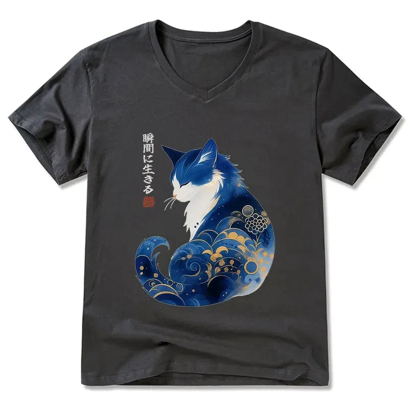 Retro Zen Cat V-Neck Tee