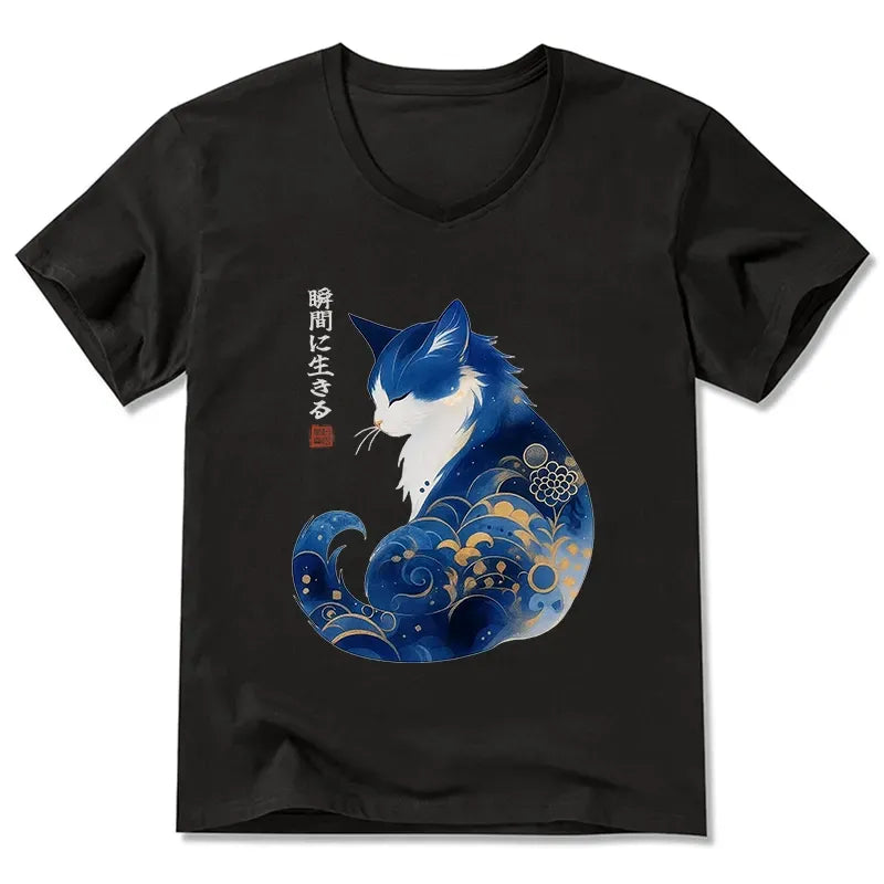 Kyoto-Lion Retro Zen Cat: Living the Present V-Neck Classic T-Shirt