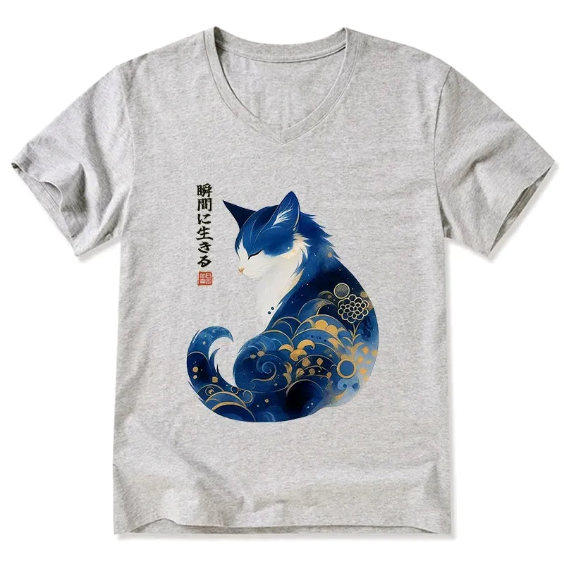 Kyoto-Lion Retro Zen Cat: Living the Present V-Neck Classic T-Shirt