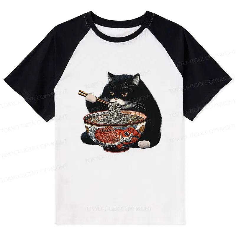 Kyoto-Lion Fat Cat Eating Ramen Raglan T-shirt