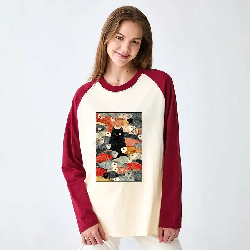 Kyoto-Lion Cats And Fish Raglan Long Sleeve T-shirt