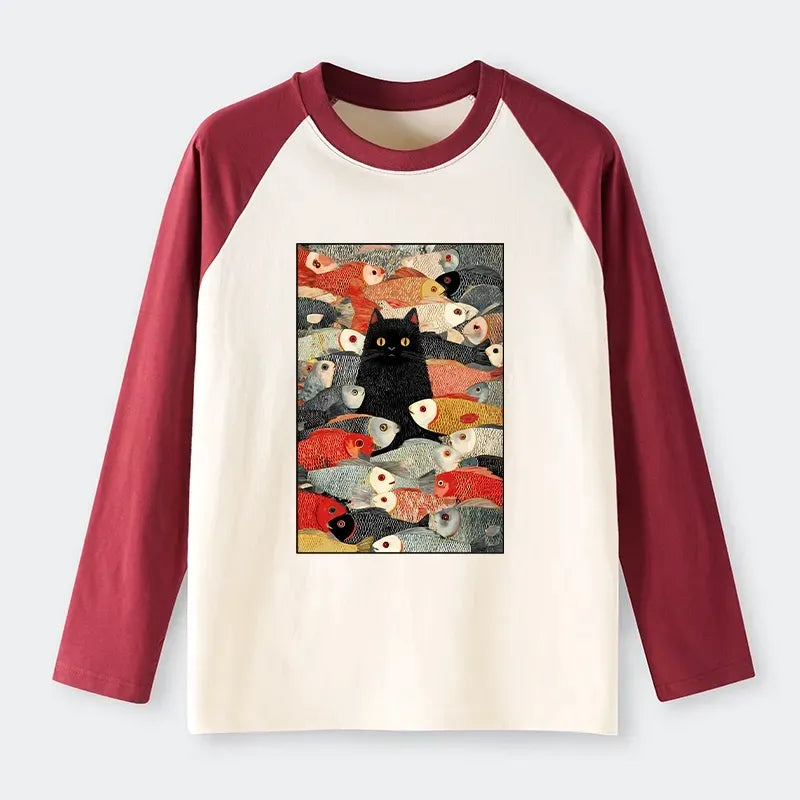 Japanese cat and fish raglan tee