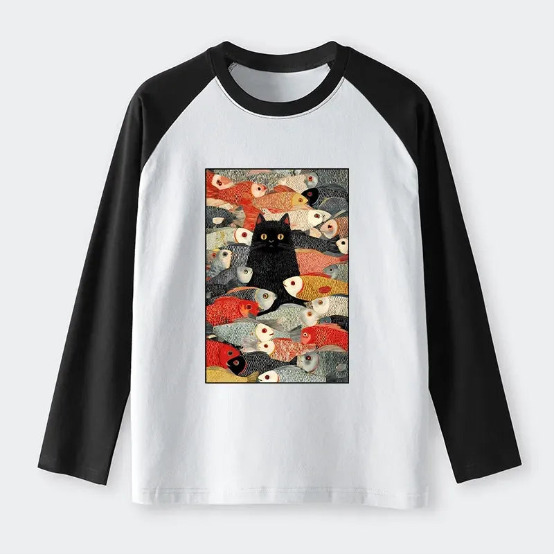 Kyoto-Lion Cats And Fish Raglan Long Sleeve T-shirt