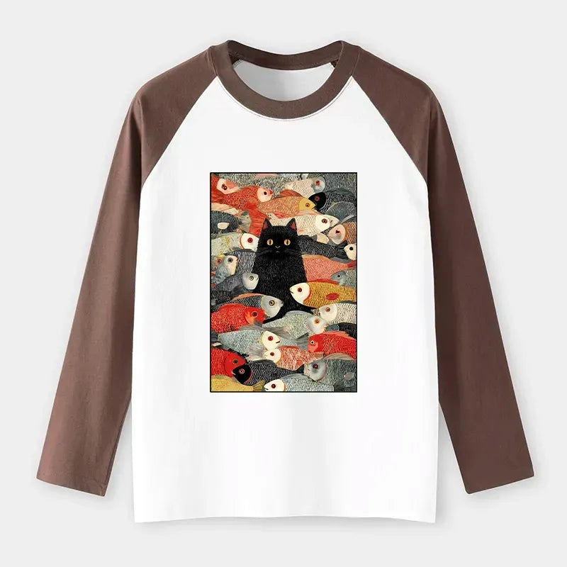 Kyoto-Lion Cats And Fish Raglan Long Sleeve T-shirt