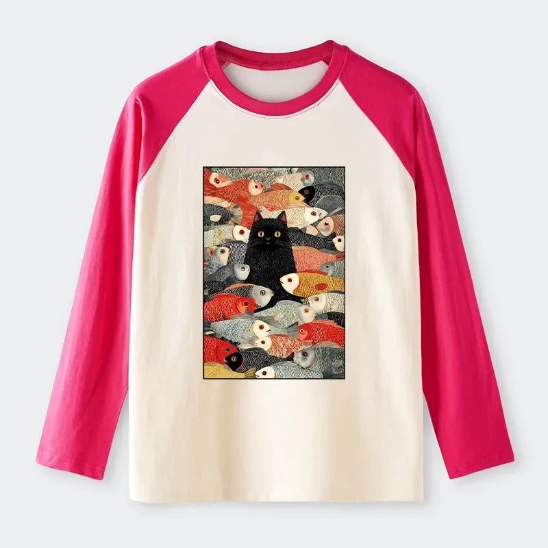 Kyoto-Lion Cats And Fish Raglan Long Sleeve T-shirt