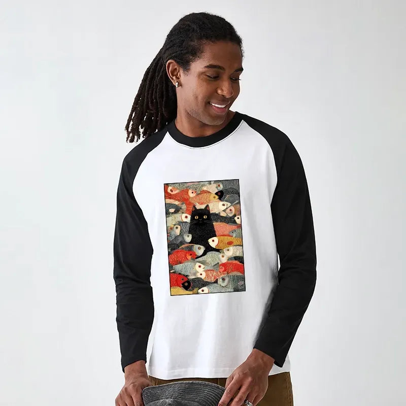 Japanese cat and fish raglan tee