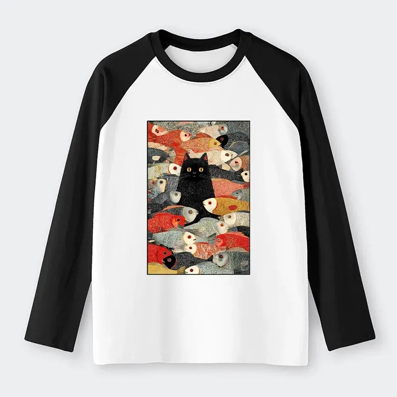 Kyoto-Lion Cats And Fish Raglan Long Sleeve T-shirt