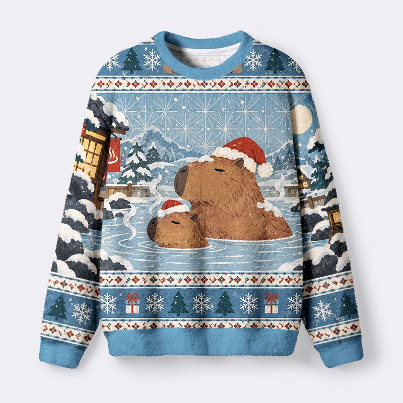 Kyoto-Lion Capybara Winter Hot Spring Fuzzy Christmas Ugly Sweatshirt