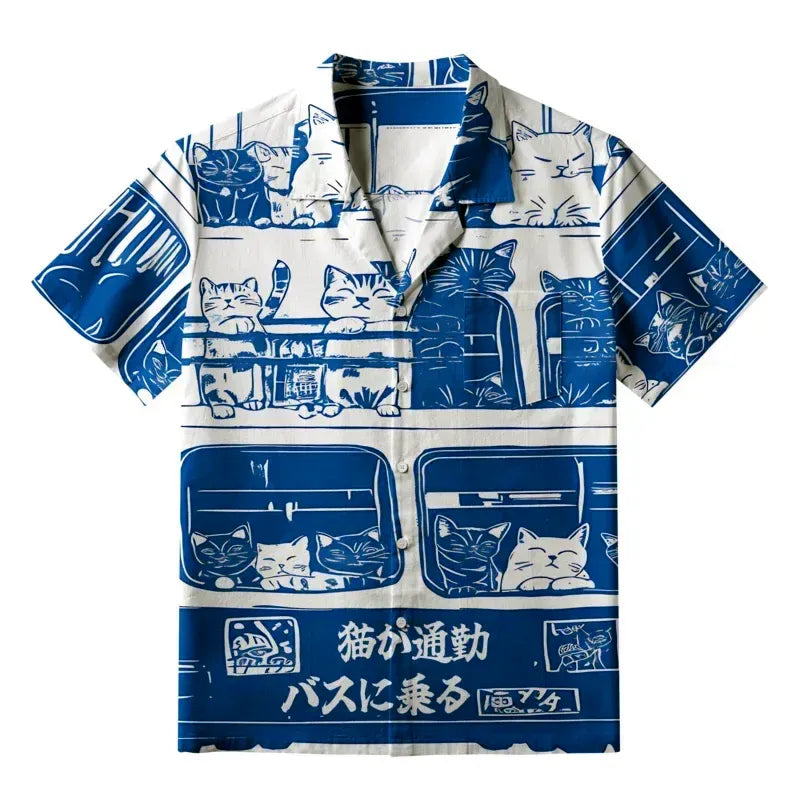Retro Ukiyo-e Cat Button-up Shirt