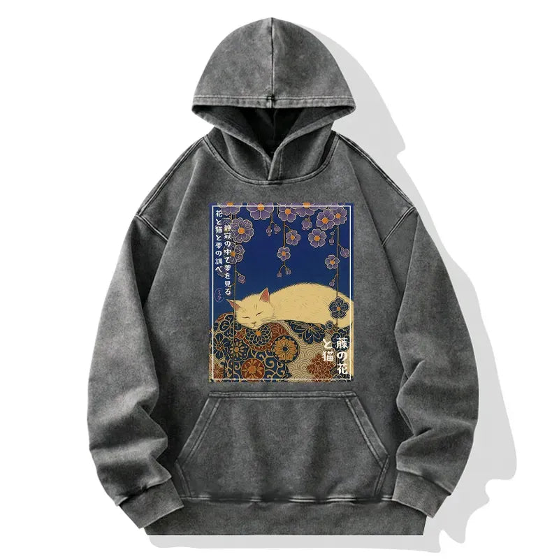 Kyoto-Lion Ukiyoe Wisteria Flowers and Cats Washed Hoodie