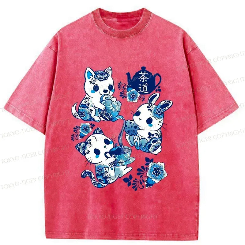 Kyoto-Lion Blue And White Porcelain Washed T-Shirt
