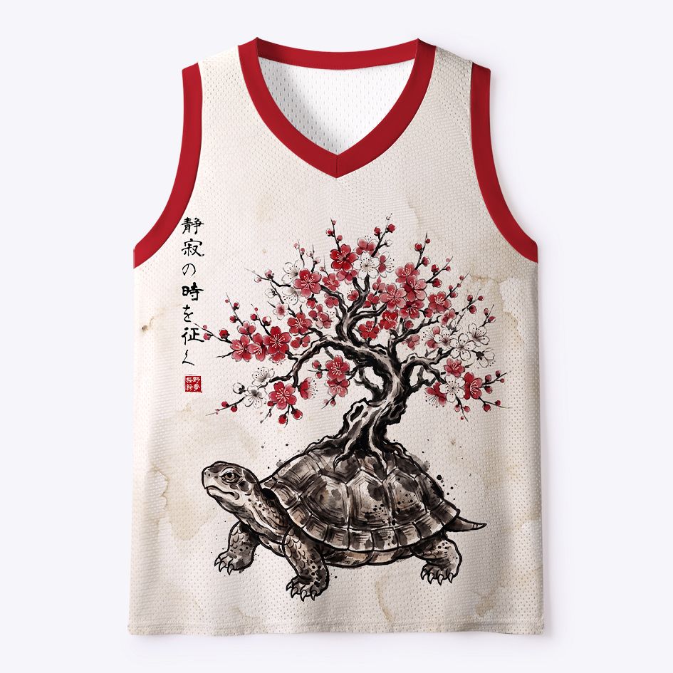 Kyoto-Lion Vintage Ink Tortoise Plum Tree Art Mesh Tank Top