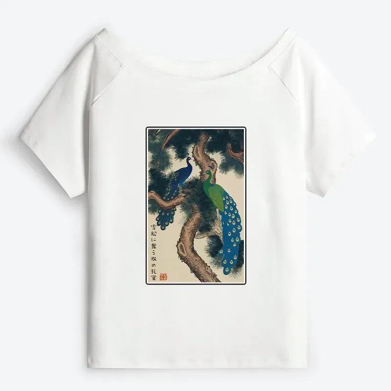 Kyoto-Lion Peacocks in Snowy Pines Off Shoulder T-Shirt