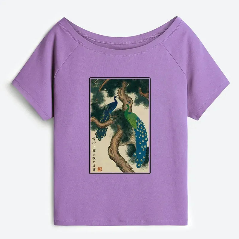Kyoto-Lion Peacocks in Snowy Pines Off Shoulder T-Shirt