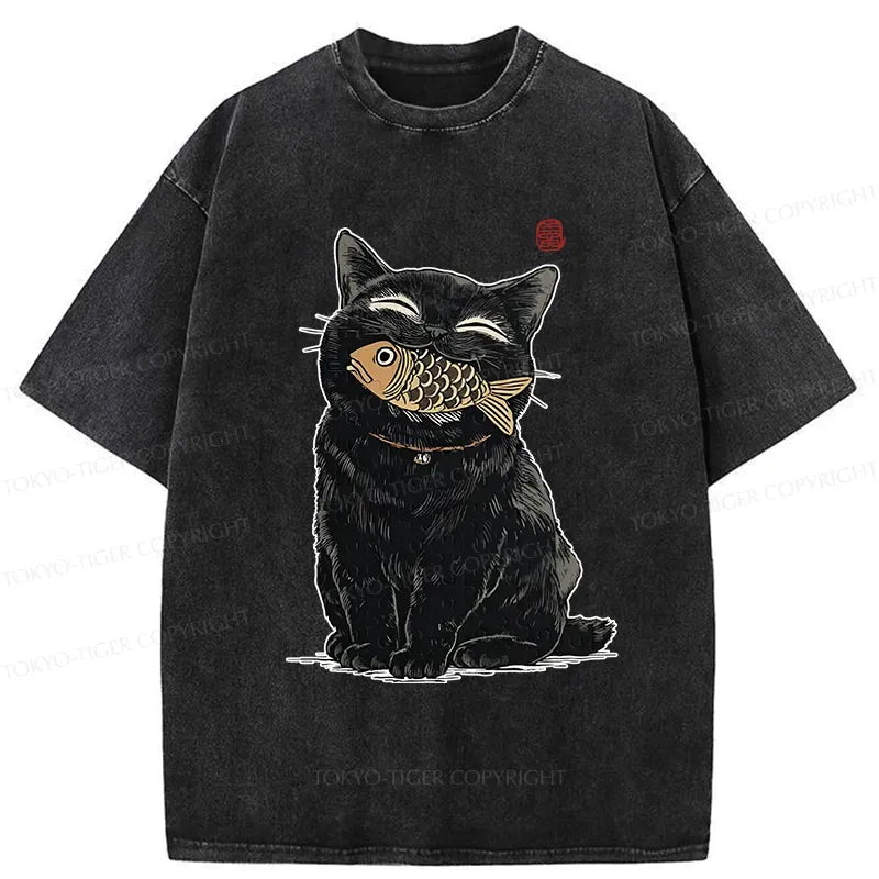 Kyoto-Lion Happy Black Cat Washed T-Shirt