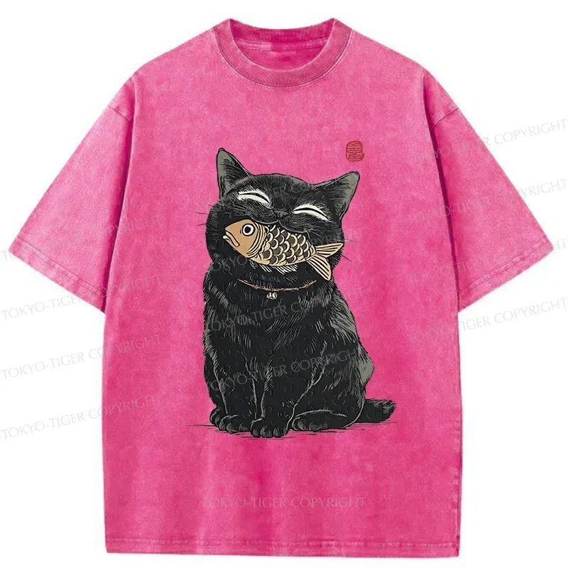 Japanese black cat washed t-shirt