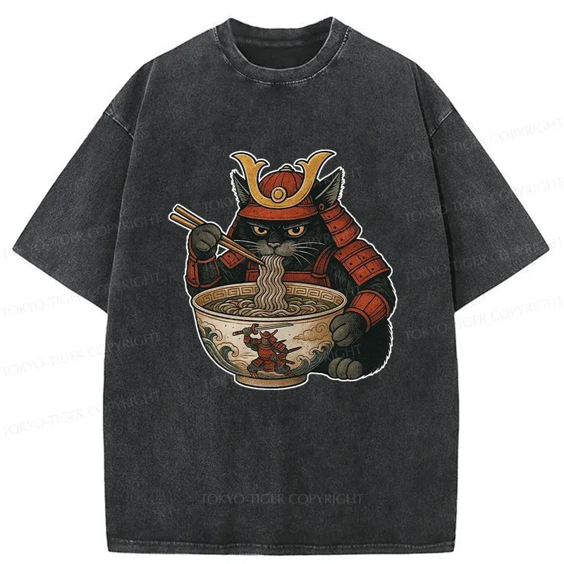 Kyoto-Lion Cat General Eats Ramen Washed T-Shirt