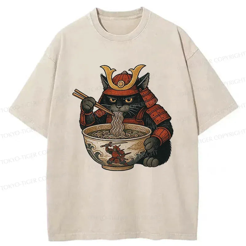 Kyoto-Lion Cat General Eats Ramen Washed T-Shirt
