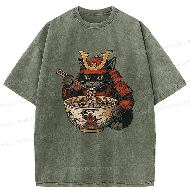 Kyoto-Lion Cat General Eats Ramen Washed T-Shirt