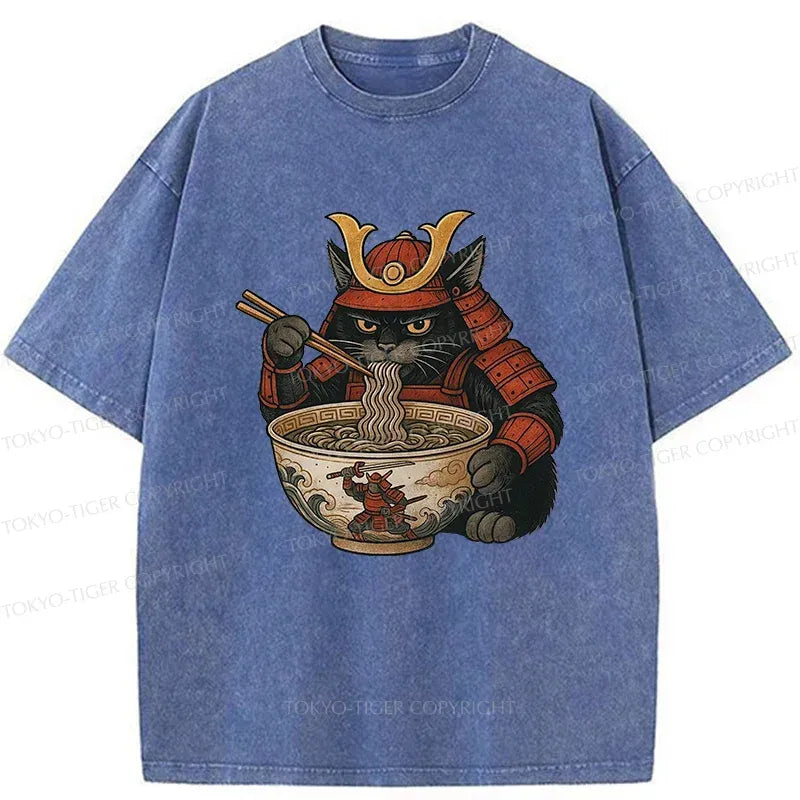 Kyoto-Lion Cat General Eats Ramen Washed T-Shirt
