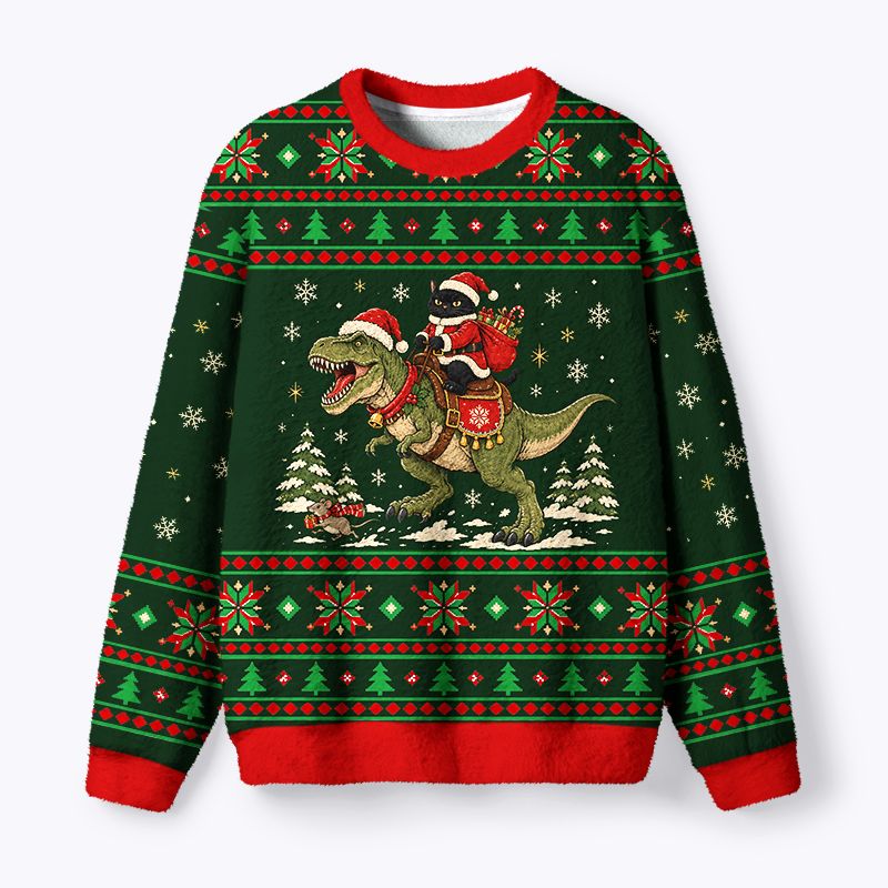 Kyoto-Lion Black Cat Rides Dinosaur Fuzzy Christmas Ugly Sweatshirt