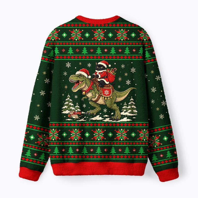 Kyoto-Lion Black Cat Rides Dinosaur Fuzzy Christmas Ugly Sweatshirt