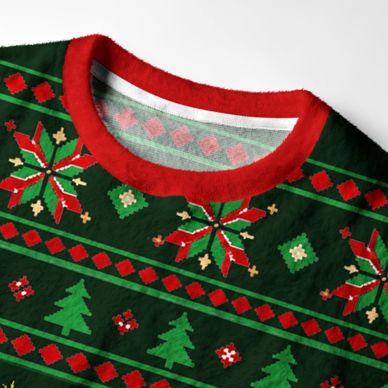 Kyoto-Lion Black Cat Rides Dinosaur Fuzzy Christmas Ugly Sweatshirt