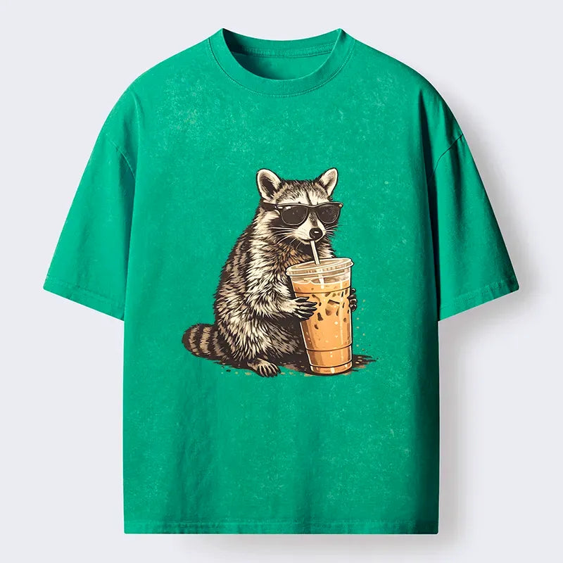 Kyoto-Lion Raccoon Drinking Coffee Funny Washed T-Shirt