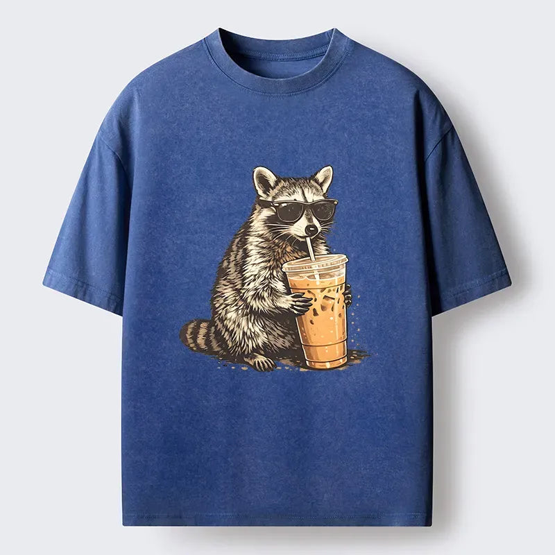 Kyoto-Lion Raccoon Drinking Coffee Funny Washed T-Shirt