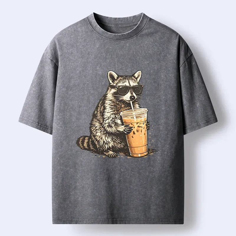 Kyoto-Lion Raccoon Drinking Coffee Funny Washed T-Shirt