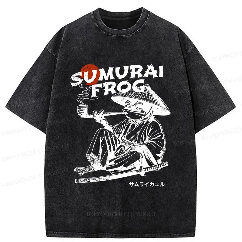 Kyoto-Lion Samurai Frog Funny Washed T-Shirt