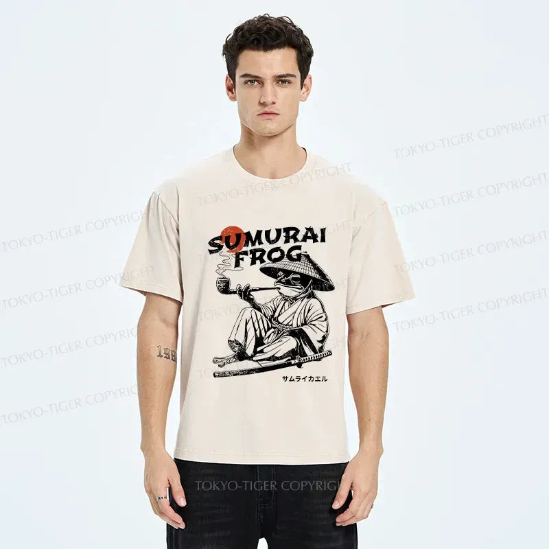Kyoto-Lion Samurai Frog Funny Washed T-Shirt