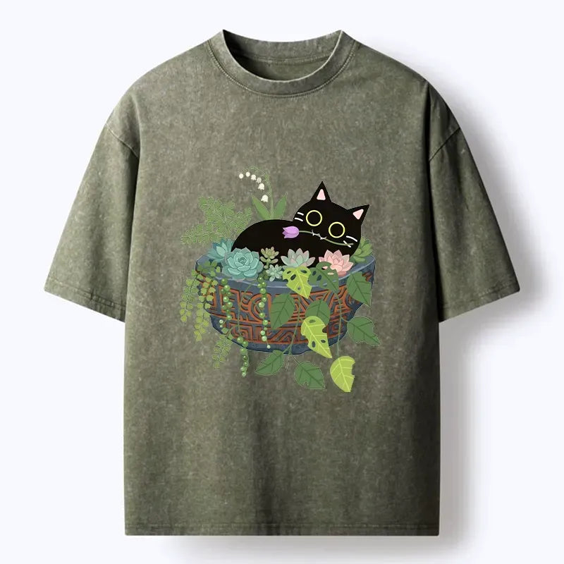 Kyoto-Lion Cat Relaxing Inside Flower Pot Washed T-Shirt