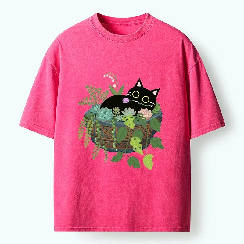 Kyoto-Lion Cat Relaxing Inside Flower Pot Washed T-Shirt