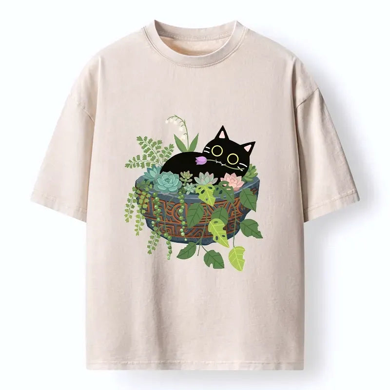 Kyoto-Lion Cat Relaxing Inside Flower Pot Washed T-Shirt