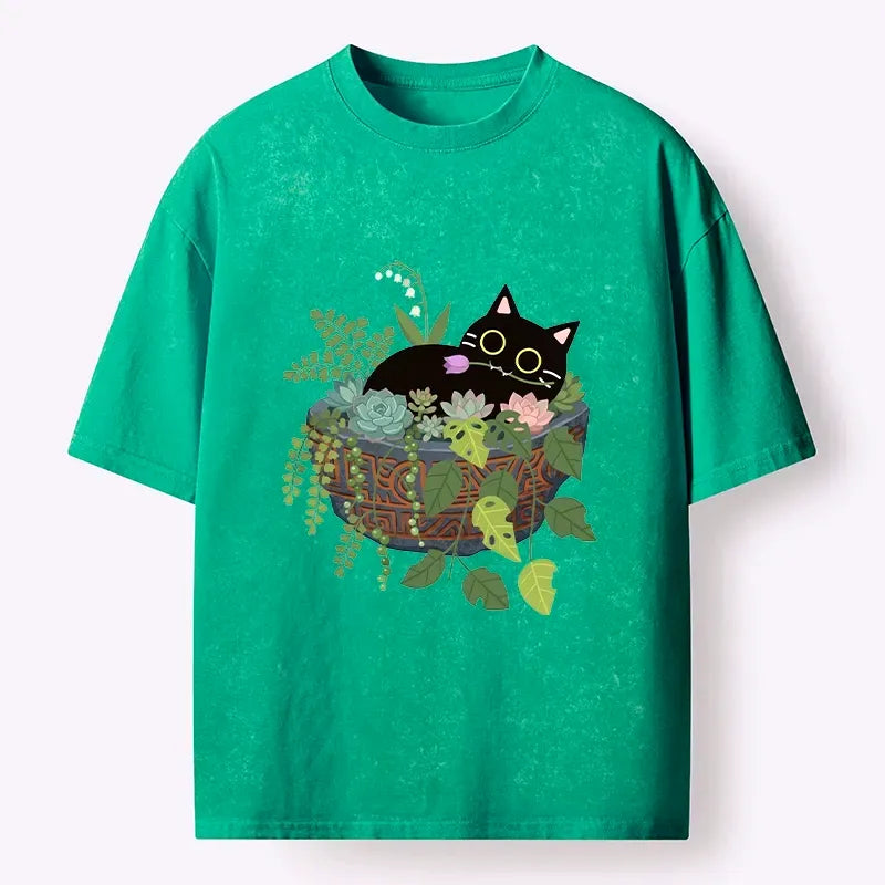 Kyoto-Lion Cat Relaxing Inside Flower Pot Washed T-Shirt