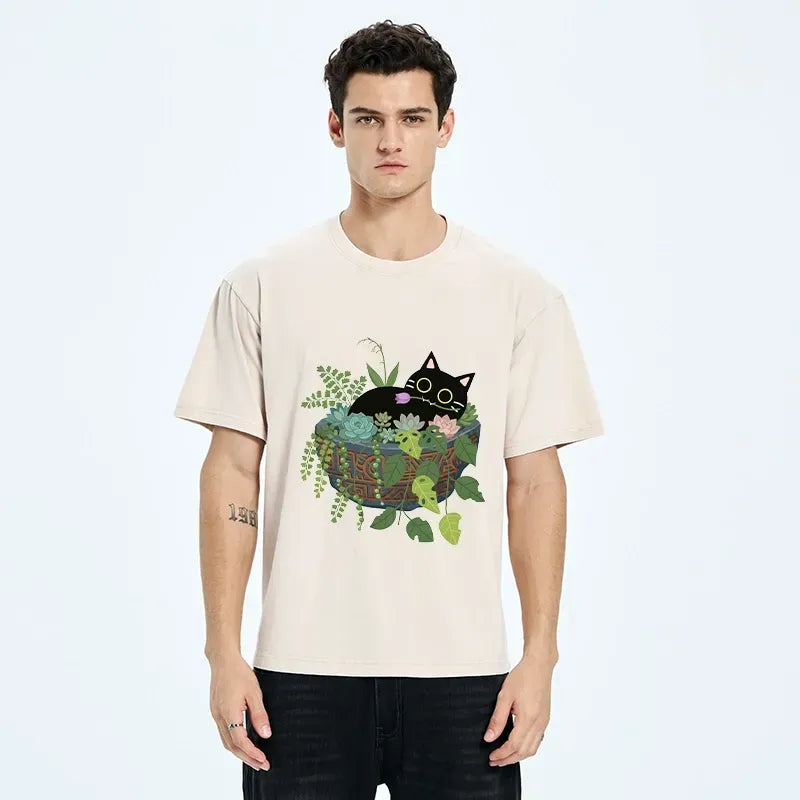 Japanese retro cat shirt with flower pot design