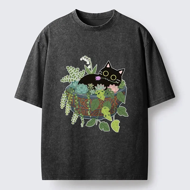 Kyoto-Lion Cat Relaxing Inside Flower Pot Washed T-Shirt