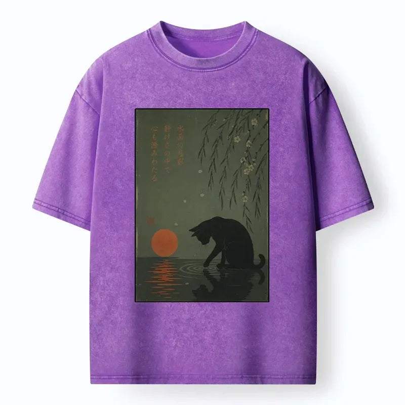 Kyoto-Lion Black Cat Touching Moonlight Water Washed T-Shirt