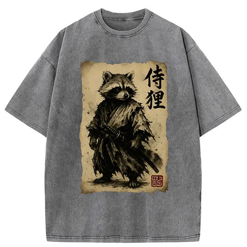 Kyoto-Lion Retro Raccoon Samurai Washed T-Shirt