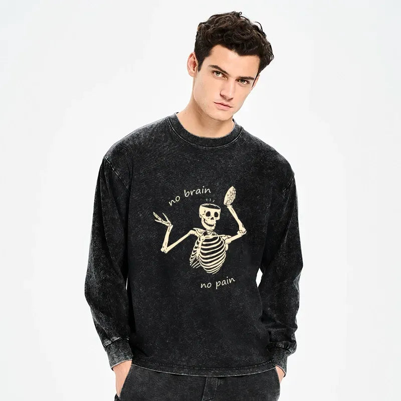 Kyoto-Lion Skeletons Feel No Pain Washed Long Sleeve T-Shirt